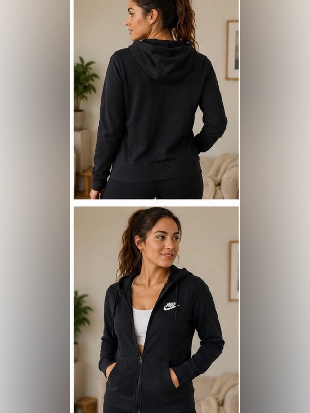 Nike Black Women's Full-Zip Hooded Sweatshirt with White Logo